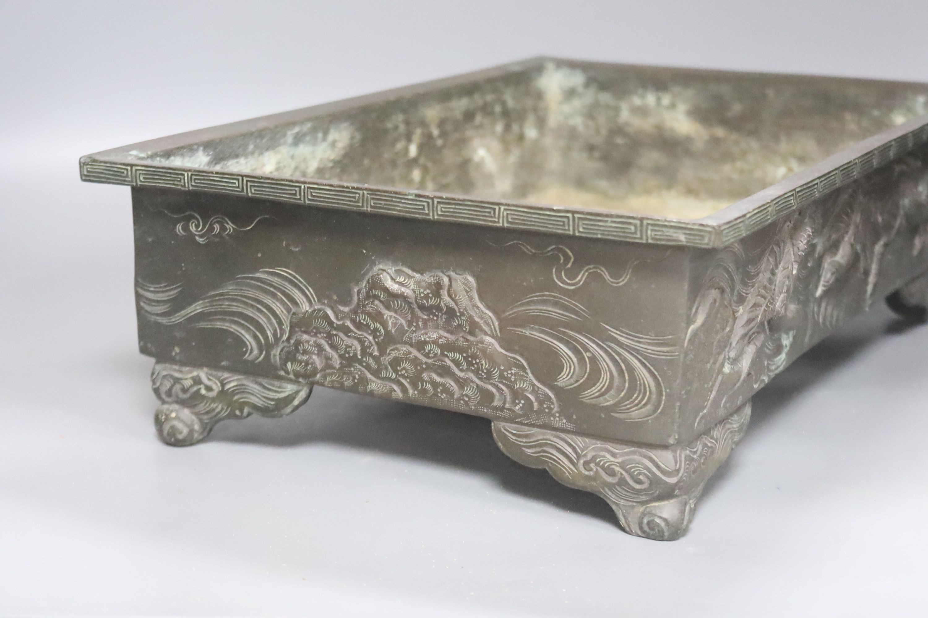 A Japanese bronze rectangular planter, width 39cm height 11cm